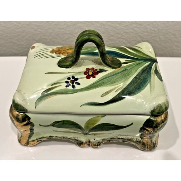MCM Italy Hand Painted Trinket Dish Lidded Numbered Green Gold Vintage Rectangle - Picture 10 of 14